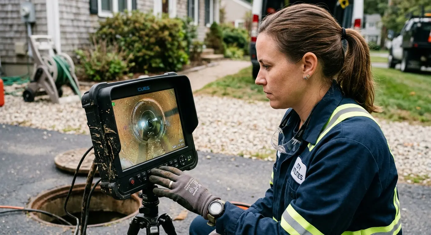 Technician reviewing sewer camera inspection footage in Palmetto