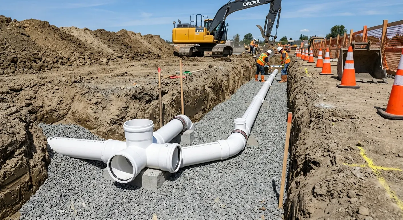 New PVC sewer pipe installation in open trench for Commercial Drain Cleaning in Palmetto