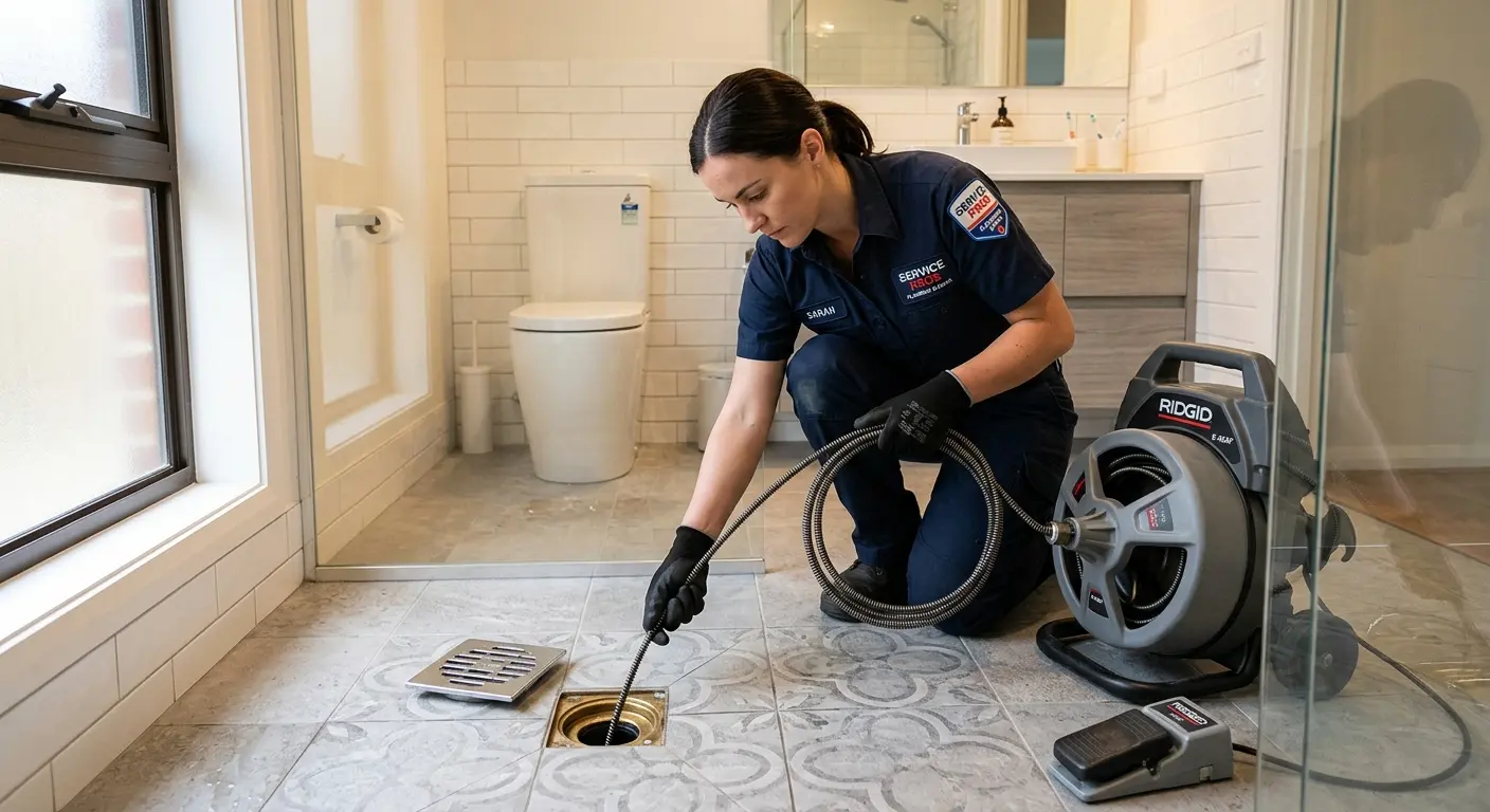 Technician clearing a bathroom floor drain for Sewer Line Replacement in Palmetto